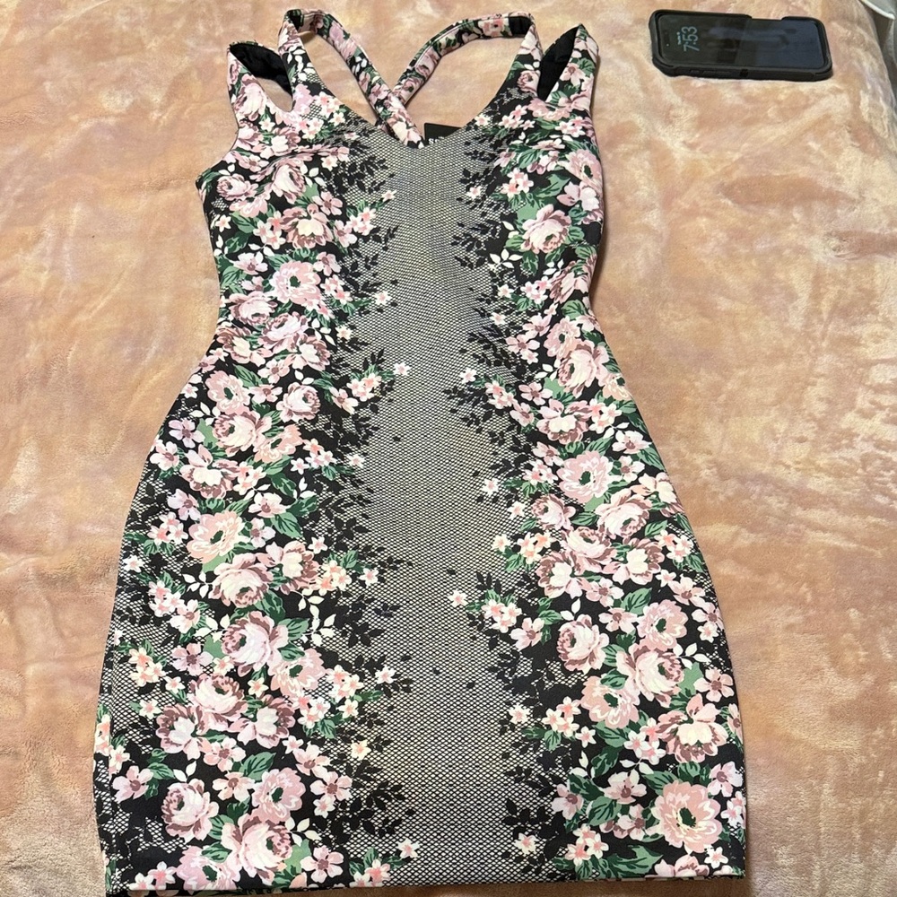 G by Guess Black Mini Dress with Pink Floral Print